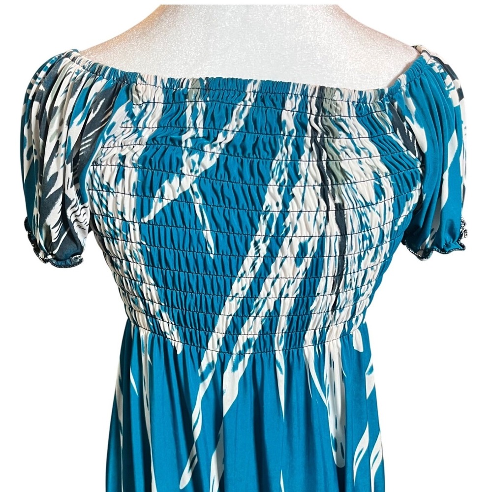 ❤️NWOT Teal Blue Maxi Dress Off Shoulder Short Sleeve Smocked Bohemian Medium - Picture 5 of 8